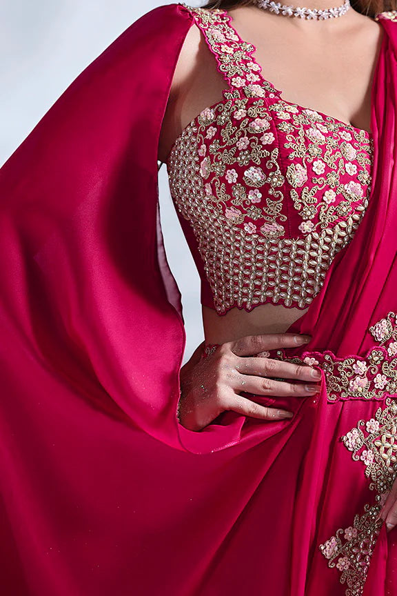 Red Moti Work Satin Silk Ready to Wear Saree
