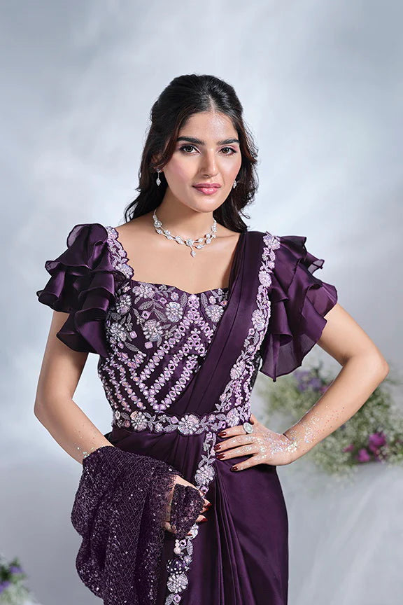 Purple Mirror Work Satin Silk Ready to Wear Saree