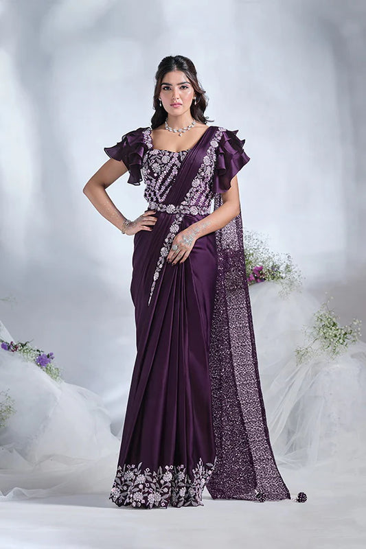 Purple Mirror Work Satin Silk Ready to Wear Saree
