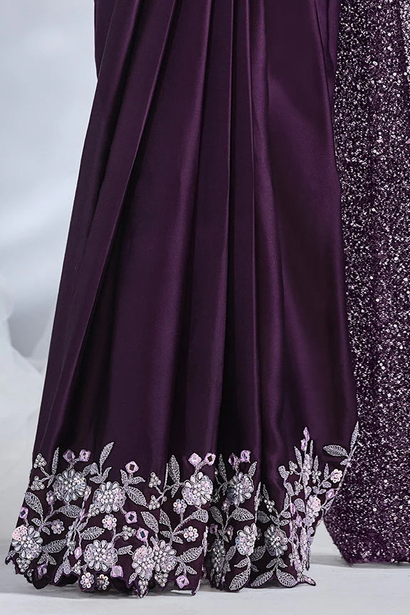 Purple Mirror Work Satin Silk Ready to Wear Saree