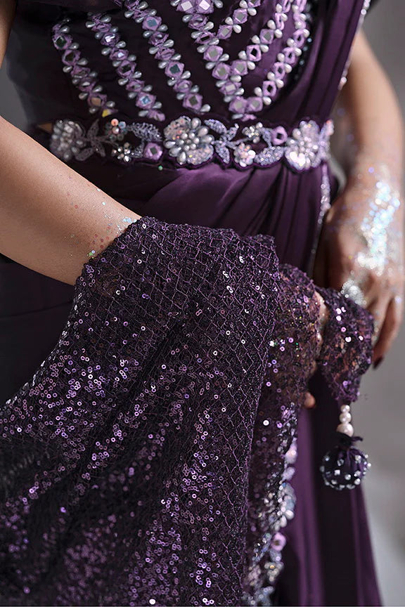Purple Mirror Work Satin Silk Ready to Wear Saree