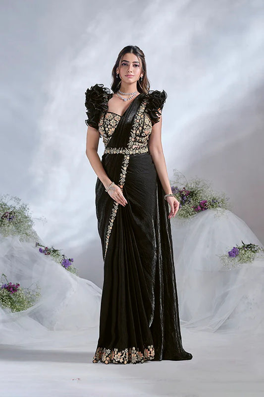 Black Hand Work Satin Silk Ready to Wear Saree