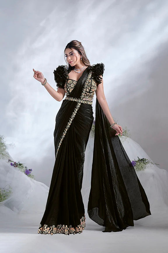 Black Hand Work Satin Silk Ready to Wear Saree