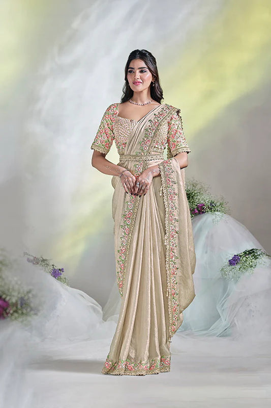 Tussar Cream Moti Work Satin Silk Ready to Wear Saree