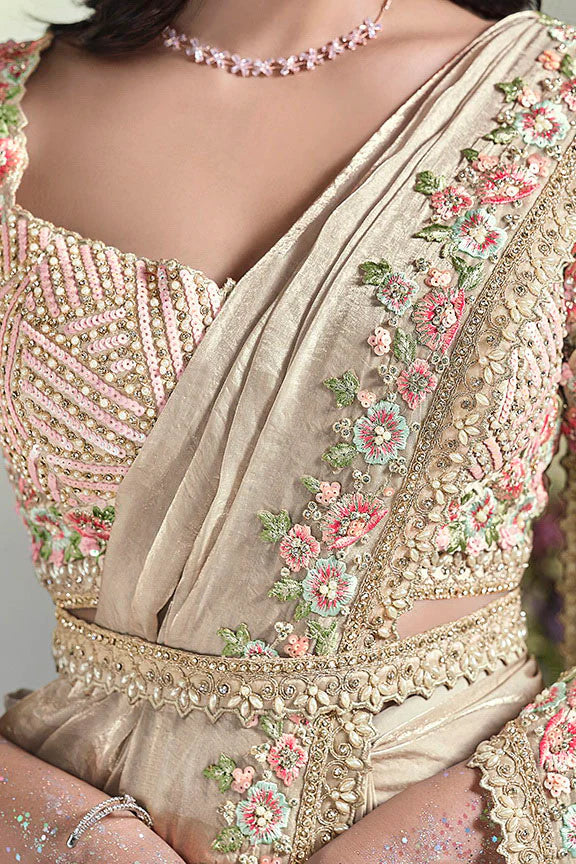 Tussar Cream Moti Work Satin Silk Ready to Wear Saree