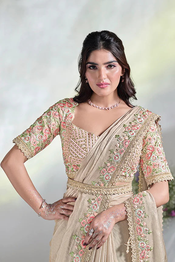 Tussar Cream Moti Work Satin Silk Ready to Wear Saree