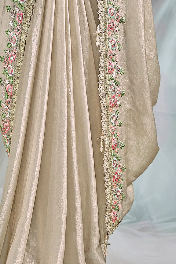 Tussar Cream Moti Work Satin Silk Ready to Wear Saree