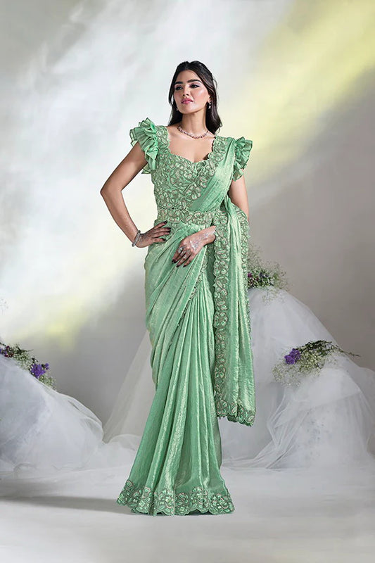 Green Hand Work Satin Silk Ready to Wear Saree