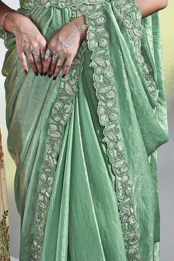 Green Hand Work Satin Silk Ready to Wear Saree