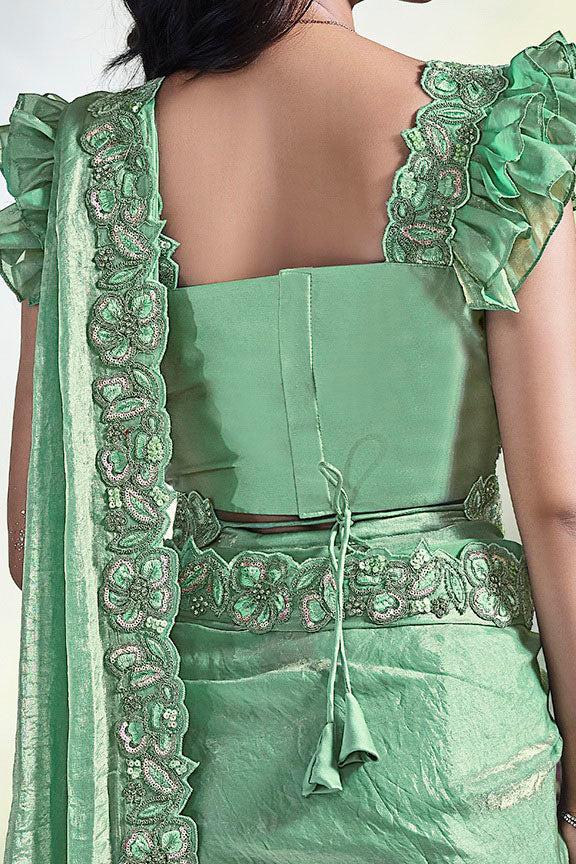 Green Hand Work Satin Silk Ready to Wear Saree
