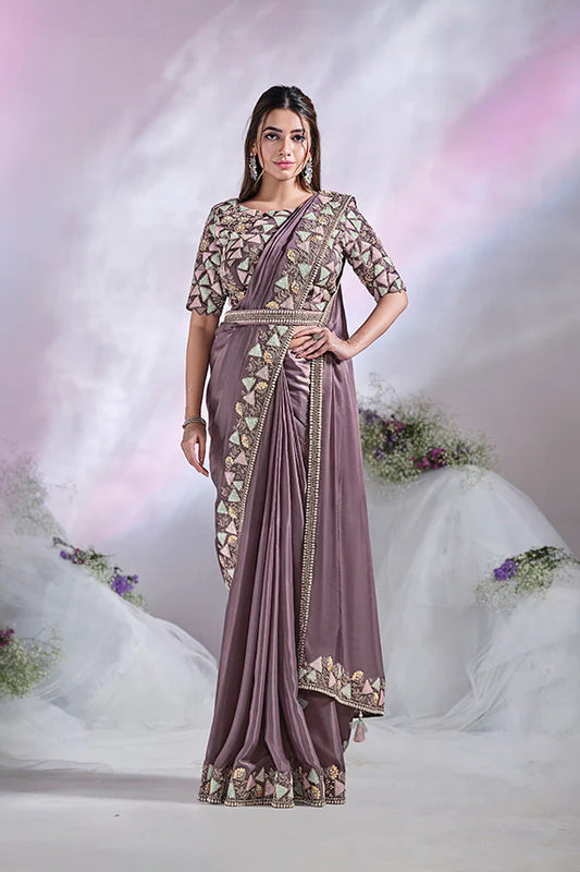 Lavender Hand Work Satin Silk Ready to Wear Saree