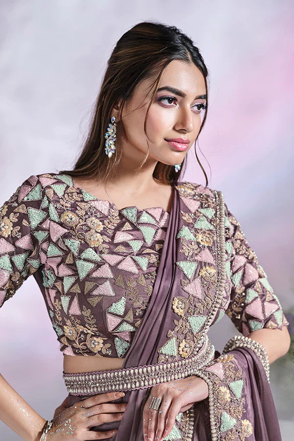 Lavender Hand Work Satin Silk Ready to Wear Saree