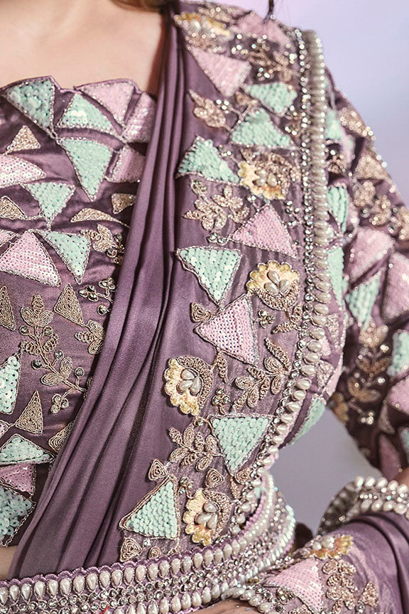 Lavender Hand Work Satin Silk Ready to Wear Saree