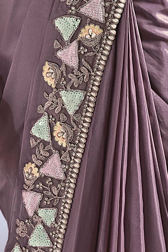 Lavender Hand Work Satin Silk Ready to Wear Saree