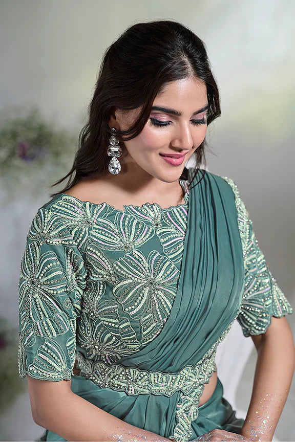 Aqua Blue Hand Work Satin Silk Ready to Wear Saree