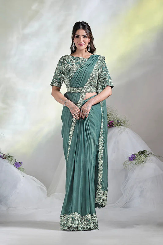 Aqua Blue Hand Work Satin Silk Ready to Wear Saree