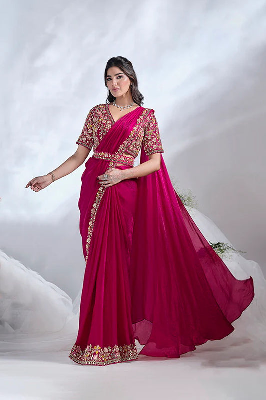 Pink Mirror Work Satin Silk Ready to Wear Saree