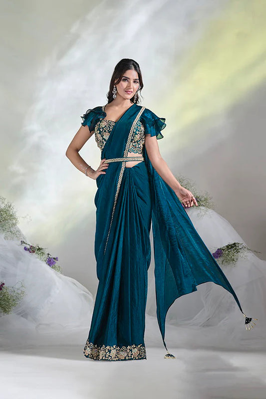 Teal Moti Work Satin Silk Ready to Wear Saree
