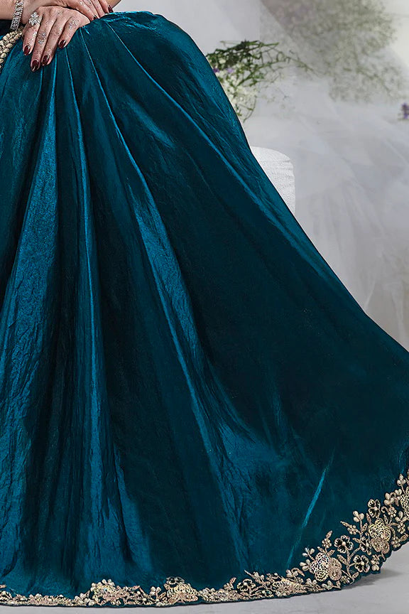 Teal Moti Work Satin Silk Ready to Wear Saree