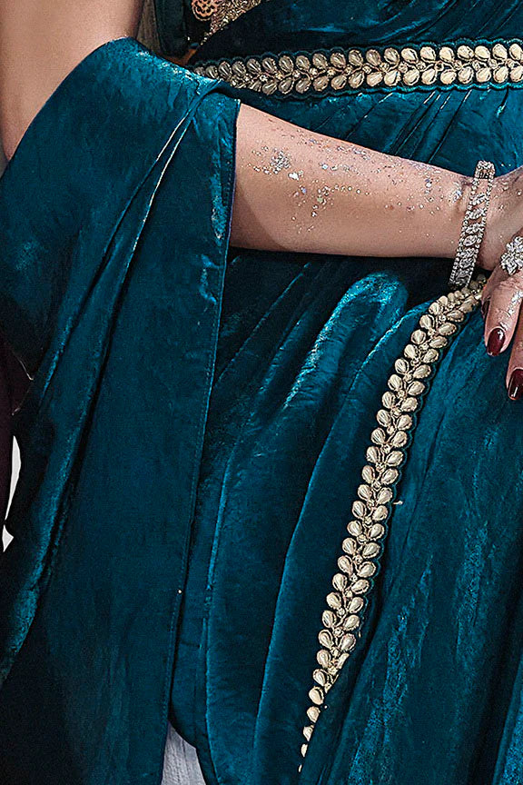 Teal Moti Work Satin Silk Ready to Wear Saree