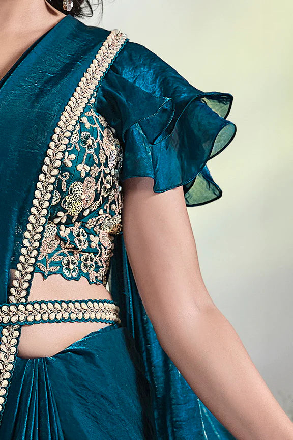 Teal Moti Work Satin Silk Ready to Wear Saree