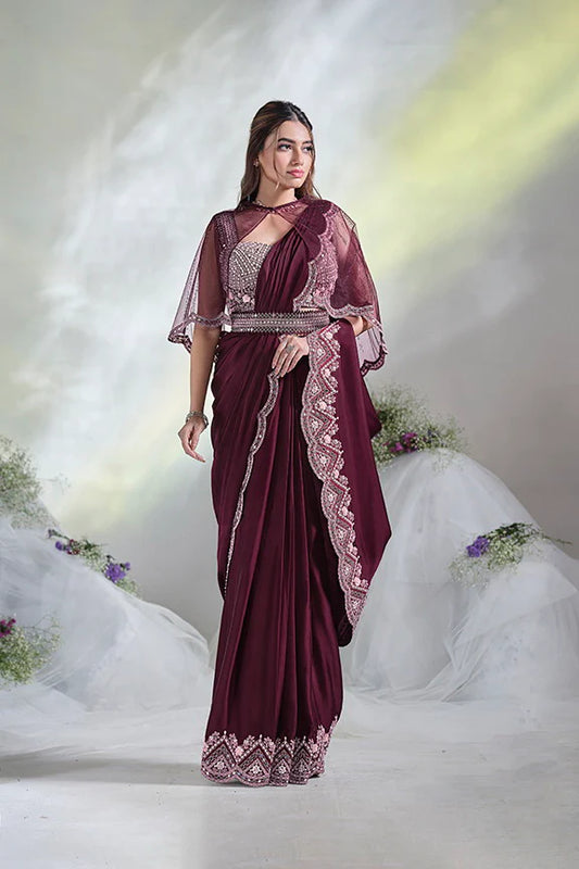 Wine Mirror Work Satin Silk Ready to Wear Saree