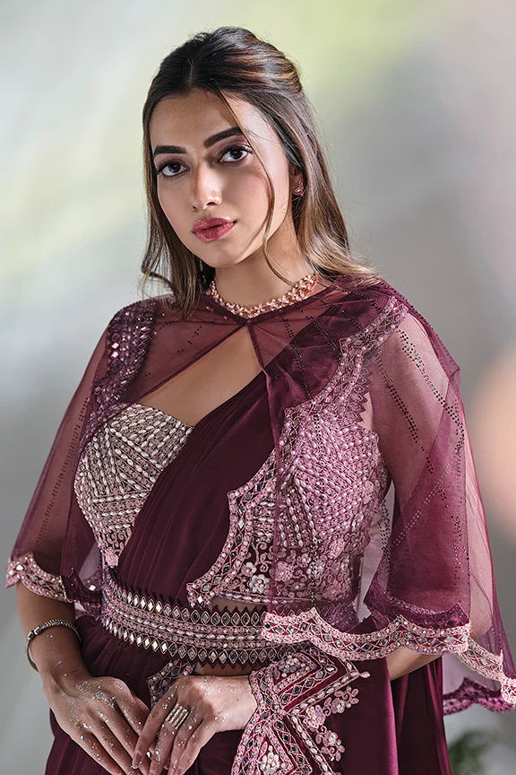 Wine Mirror Work Satin Silk Ready to Wear Saree