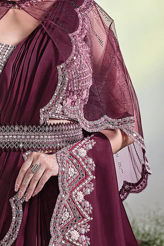 Wine Mirror Work Satin Silk Ready to Wear Saree