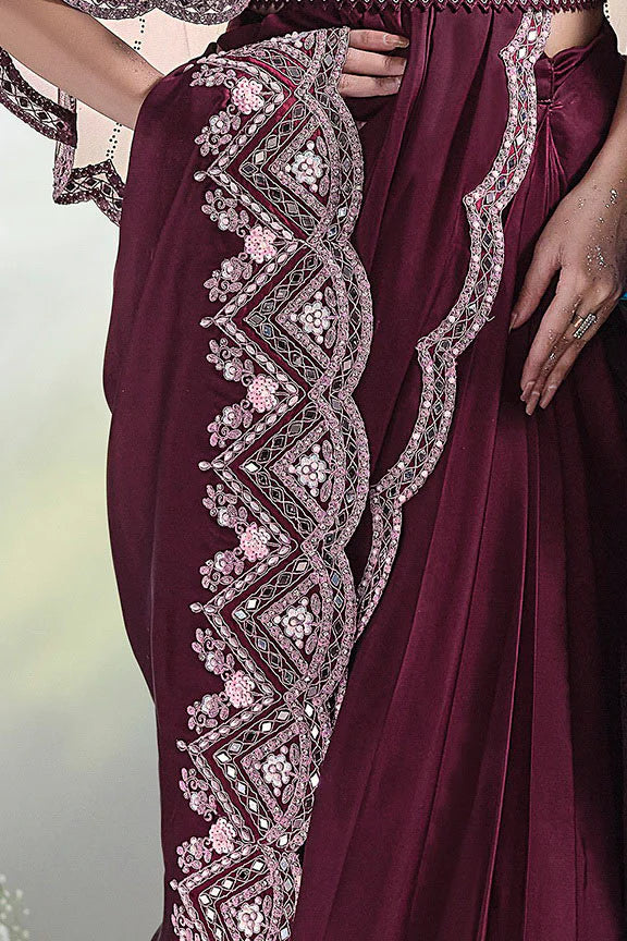 Wine Mirror Work Satin Silk Ready to Wear Saree