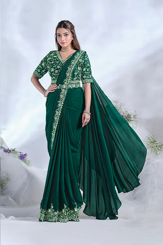 Green Mirror Work Satin Silk Ready to Wear Saree