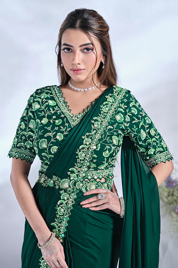 Green Mirror Work Satin Silk Ready to Wear Saree
