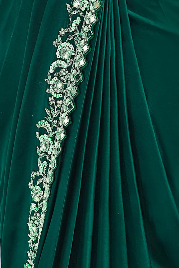 Green Mirror Work Satin Silk Ready to Wear Saree