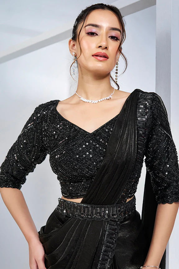 Black Hand Work Satin Silk Ready to Wear Saree