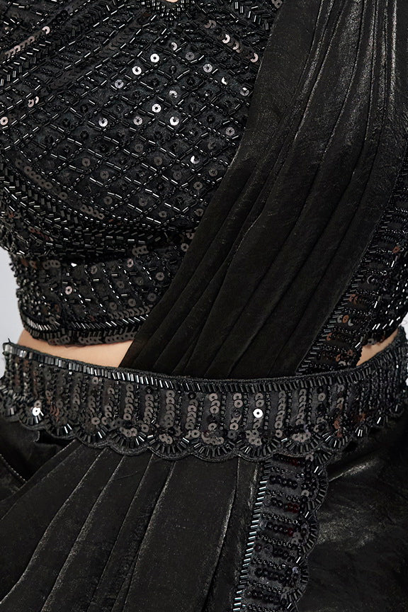 Black Hand Work Satin Silk Ready to Wear Saree