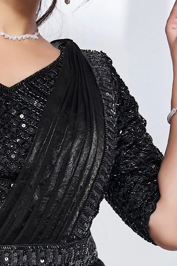Black Hand Work Satin Silk Ready to Wear Saree