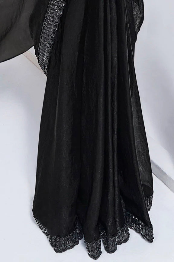 Black Hand Work Satin Silk Ready to Wear Saree