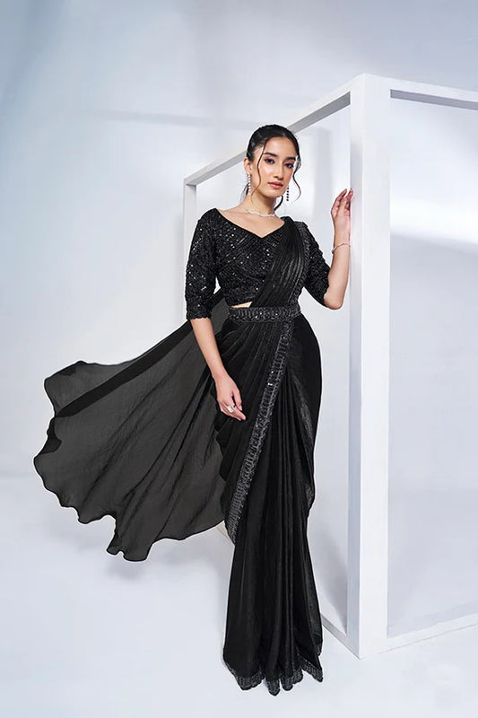 Black Hand Work Satin Silk Ready to Wear Saree