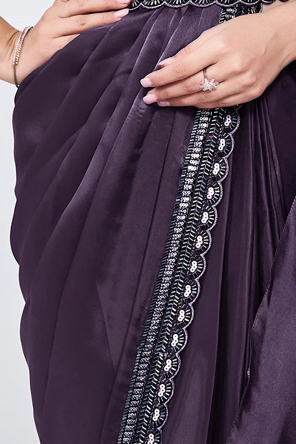 Purple Hand Work Satin Silk Ready to Wear Saree