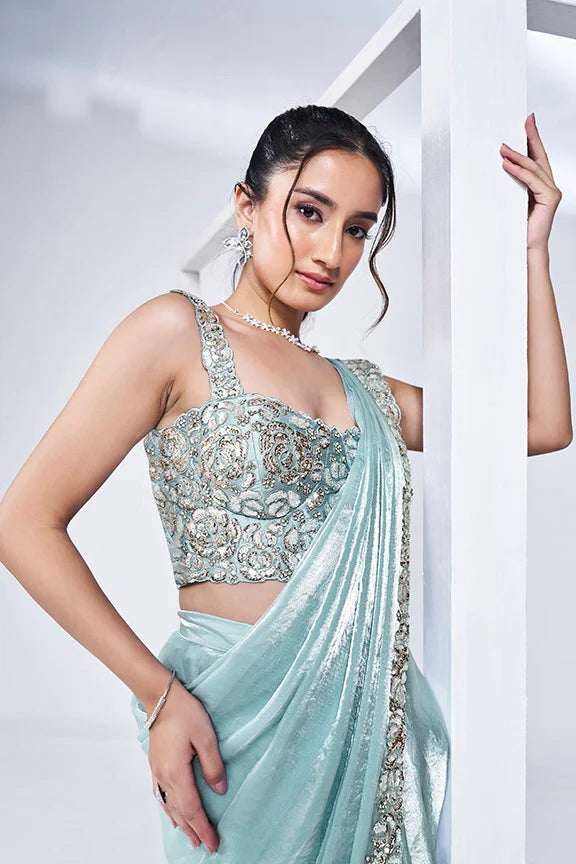 Aqua Blue Hand Work Satin Silk Ready to Wear Saree