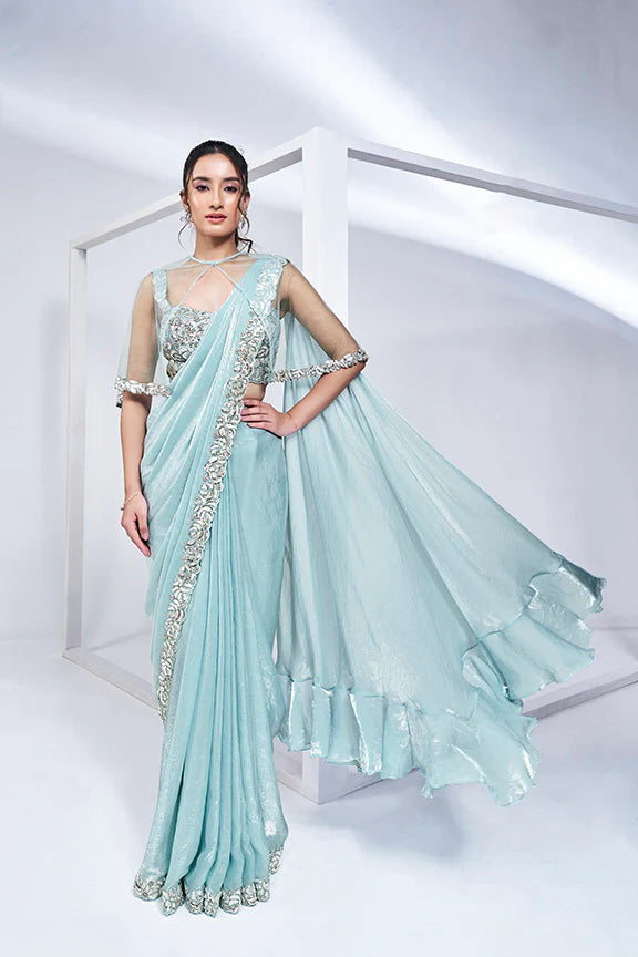 Aqua Blue Hand Work Satin Silk Ready to Wear Saree