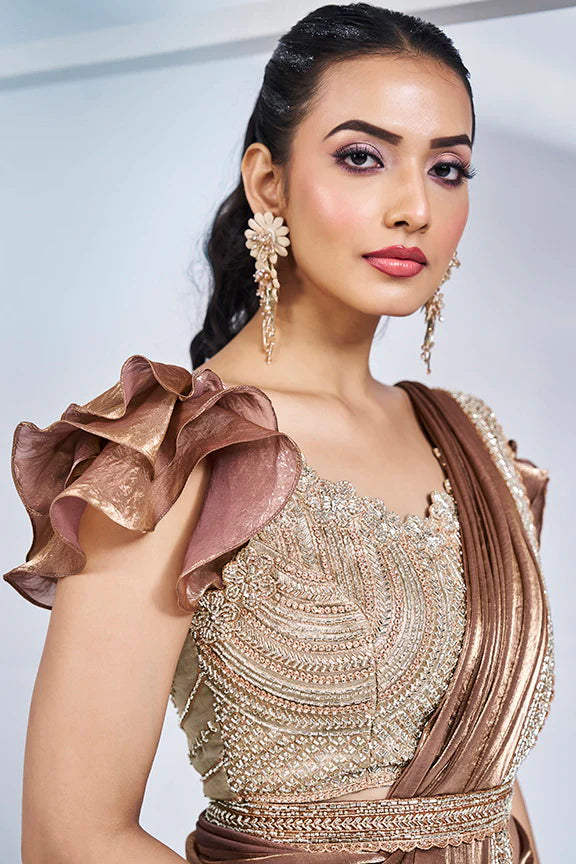 Brown Hand Work Satin Silk Ready to Wear Saree