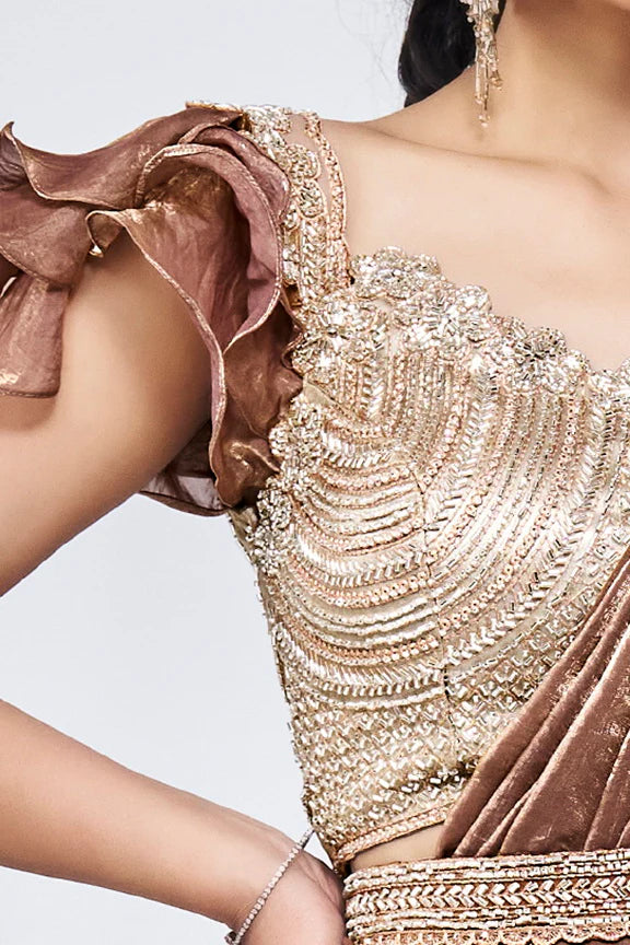 Brown Hand Work Satin Silk Ready to Wear Saree