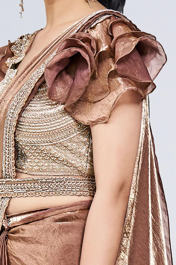 Brown Hand Work Satin Silk Ready to Wear Saree