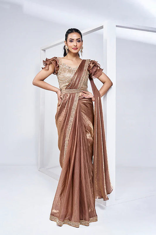 Brown Hand Work Satin Silk Ready to Wear Saree
