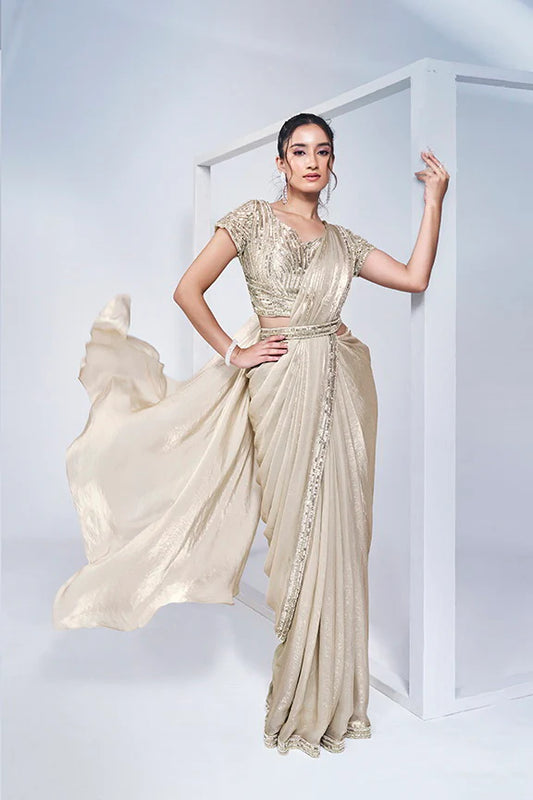 Off White Hand Work Satin Silk Ready to Wear Saree