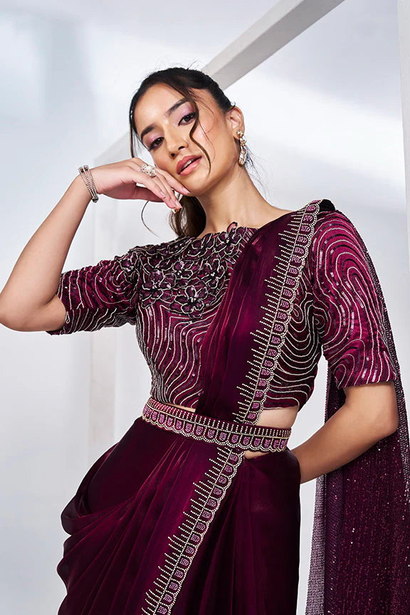 Wine Hand Work Satin Silk Ready to Wear Saree
