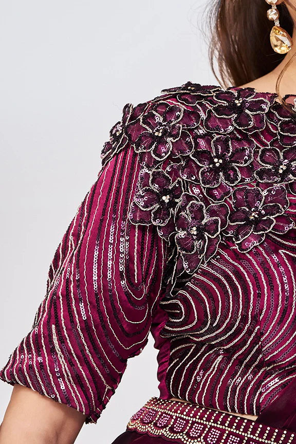 Wine Hand Work Satin Silk Ready to Wear Saree