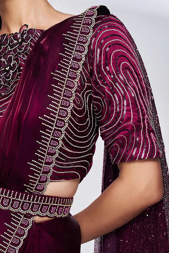 Wine Hand Work Satin Silk Ready to Wear Saree