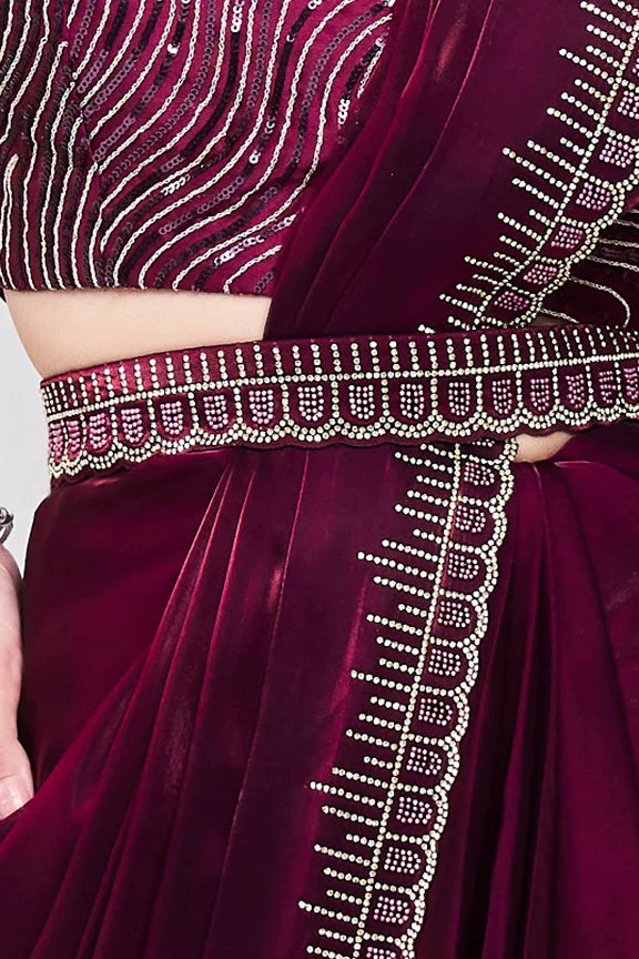 Wine Hand Work Satin Silk Ready to Wear Saree