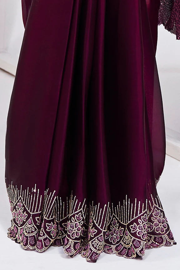 Wine Hand Work Satin Silk Ready to Wear Saree